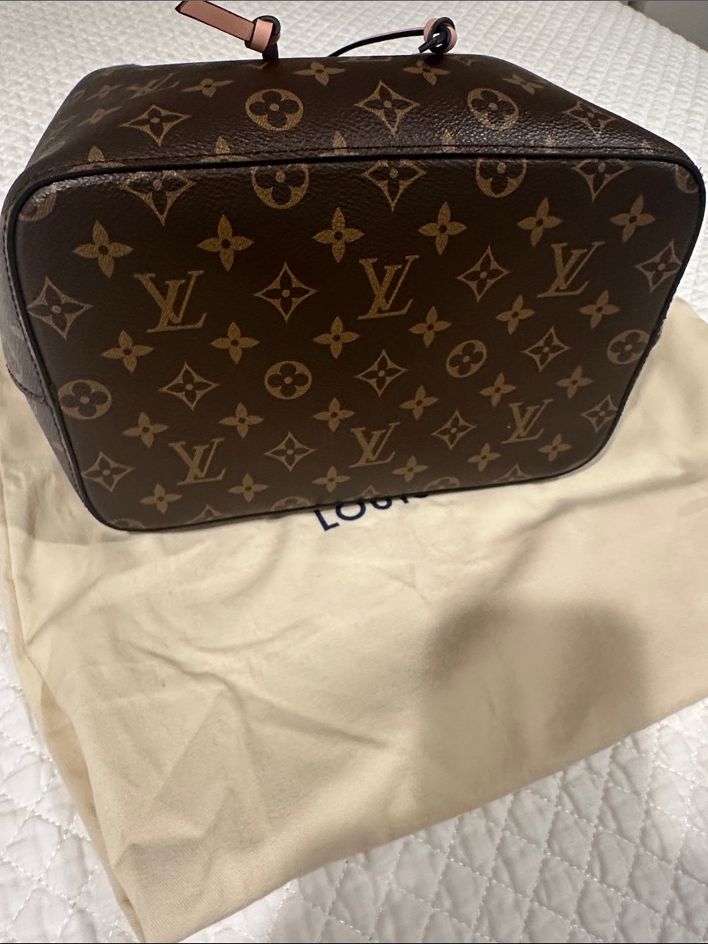 Designer Monogram Bucket Shoulder Bag in Brown with Pink Trim - Picture 4 of 6